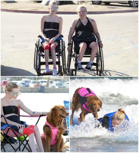 Doua surori care sufera de aceeasi boala fac surfing cu ajutorul unui caine